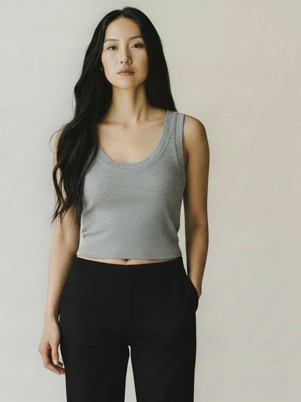 aerieโLight Gray Ribbed Scoop Tank